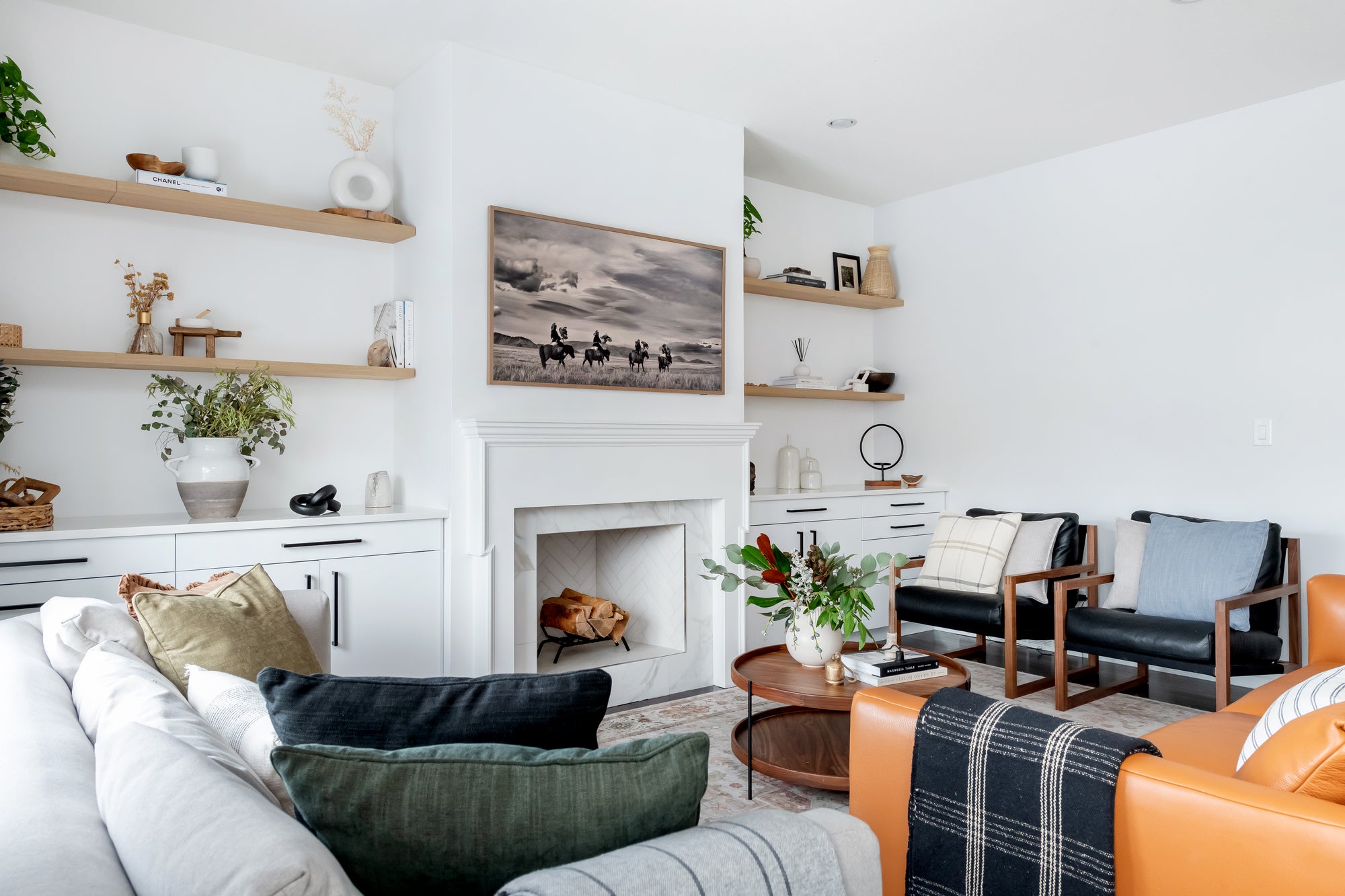 living room mist cabinets and floating shelves