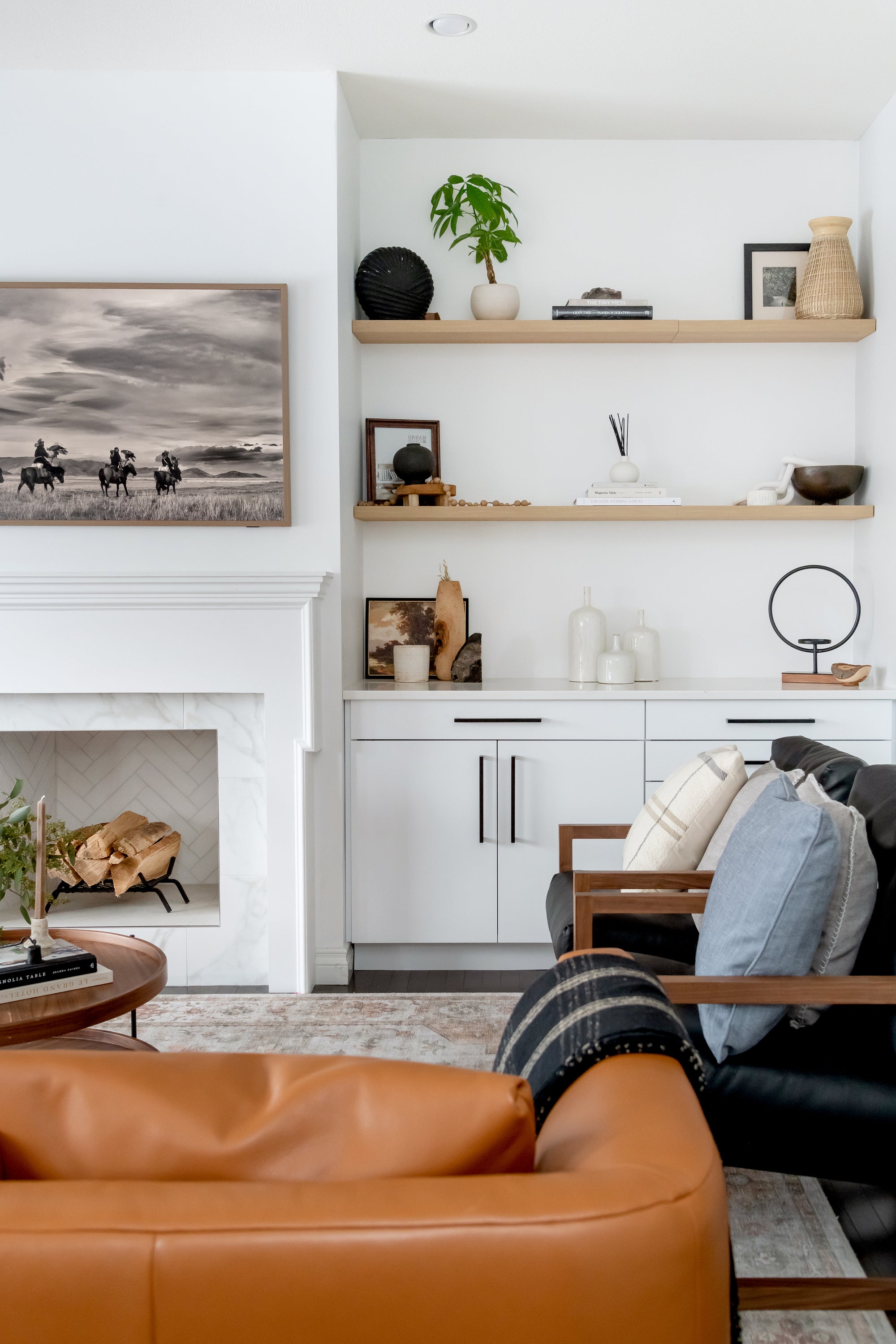 floating shelves and living room cabinetry